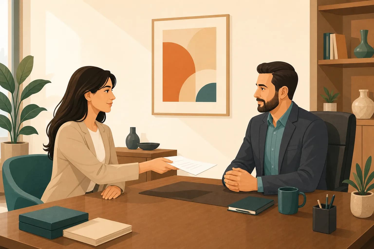 گفتگوی آرام و محترمانهٔ کارمند با مدیر برای اعلام استعفا در دفتر کار