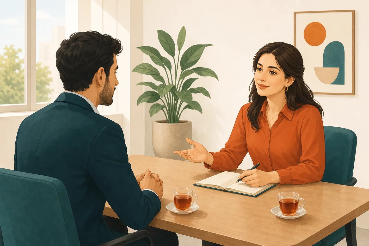 گفت‌وگوی داوطلب و مصاحبه‌کننده روبه‌روی هم در جلسهٔ مصاحبهٔ شغلی