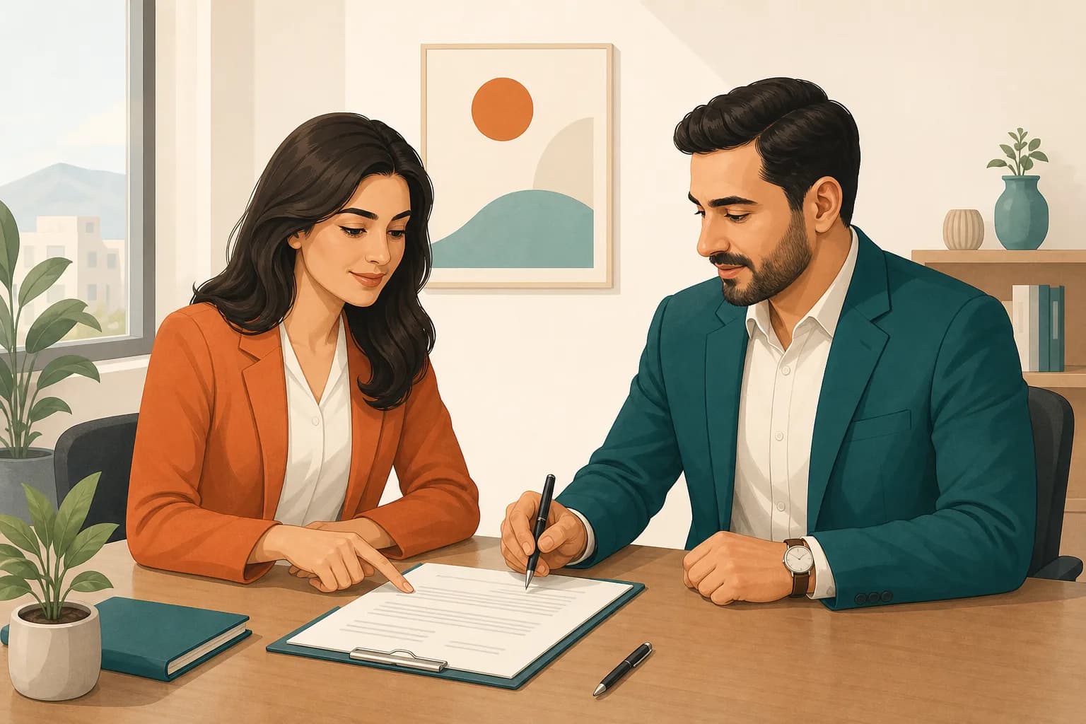 کارمند و کارفرما که پیش از امضای قرارداد کار، بندهای آن را روی میز بررسی میکنند