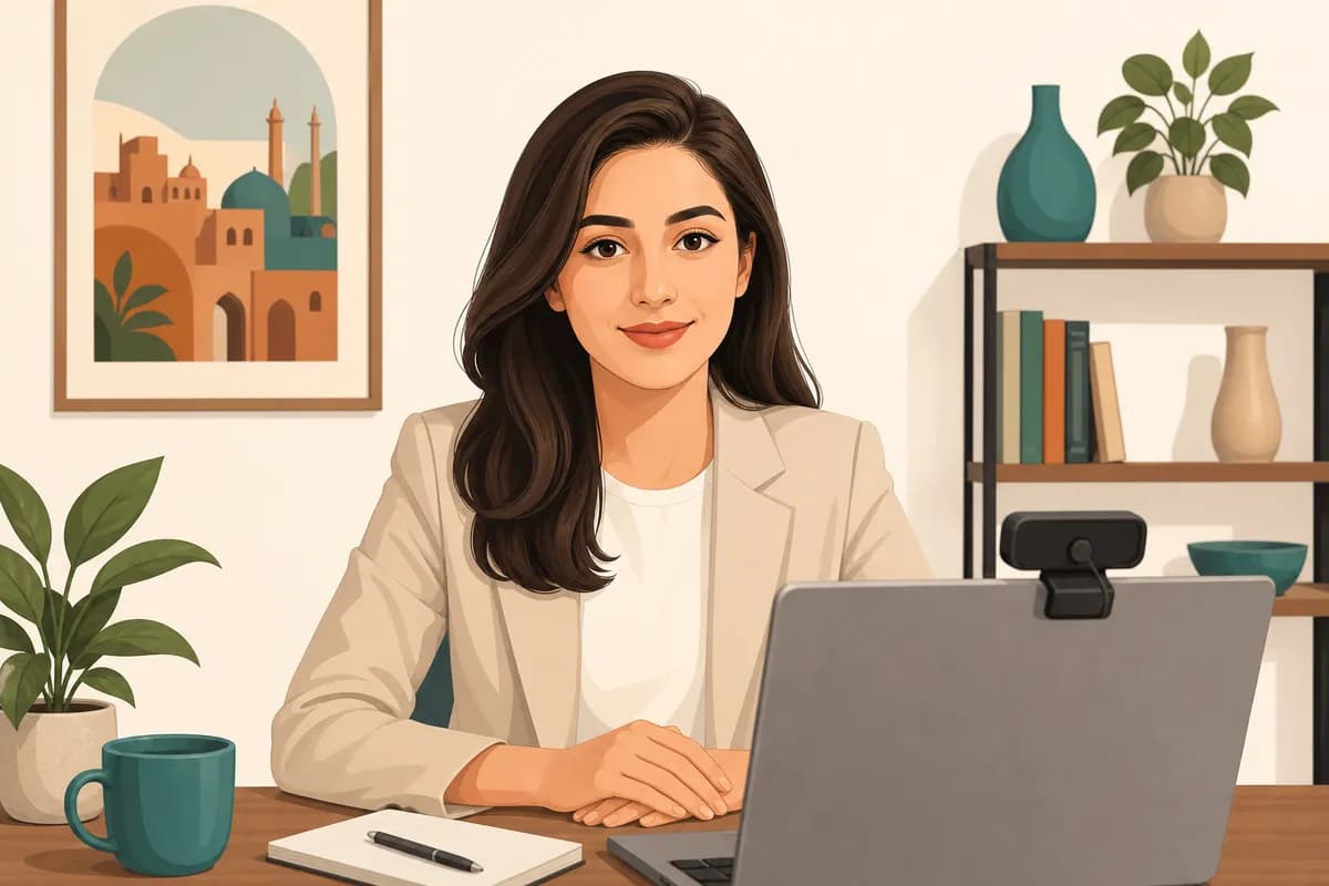 داوطلب در مصاحبهٔ آنلاین با نگاه به لنز دوربین همسطح چشم، نور روبهرو و پسزمینهٔ ساده