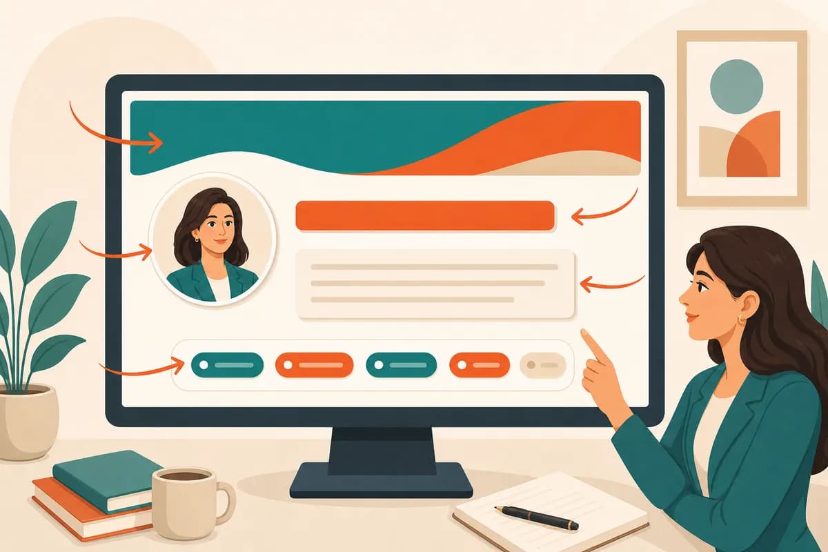 ساختار یک پروفایل لینکدین حرفهای شامل عکس، بنر، تیتر کلیدواژهمحور، بخش درباره و مهارتها با نشانهگذاری هر بخش