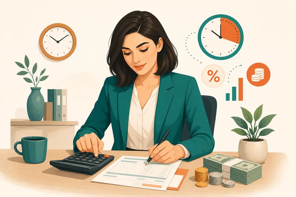 محاسبهٔ حق اضافهکاری با ماشینحساب و فیش حقوقی روی میز کار